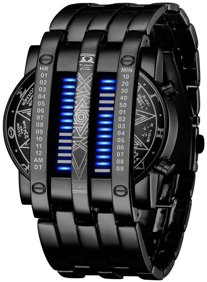 FANMIS Creative Mens Binary Matrix Blue LED Digital Watch Fashion Classic Black Plated Waterproof LED Backlight Bracelet Watches (X Black Blue) - Image 1